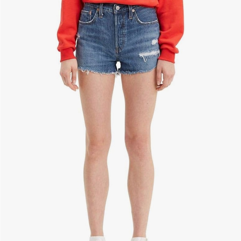 Levi's Frayed Hem Distressed Denim Shorts - Blue